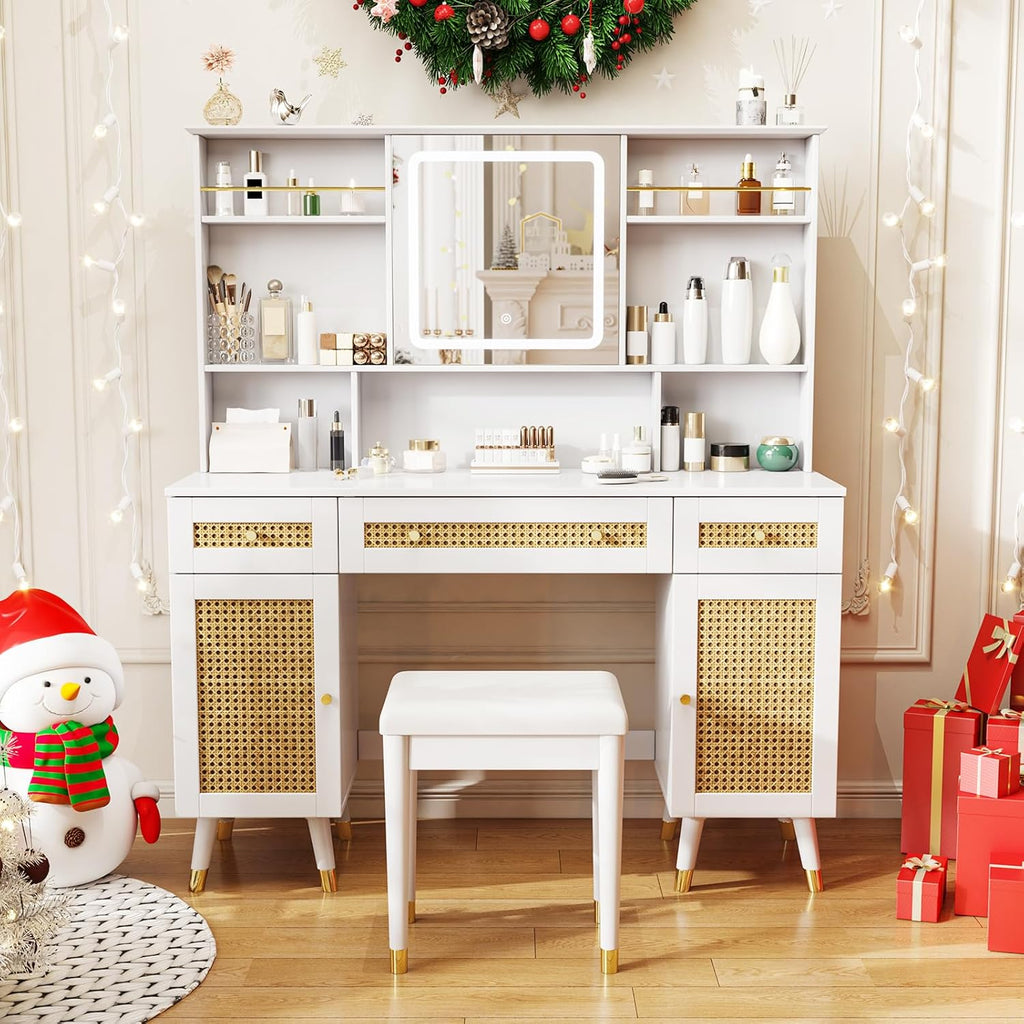 White Rattan Makeup Vanity Desk with Mirror and Lights and Stool P57968