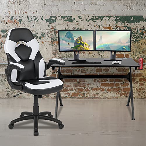 Red Gaming Desk and Blue Reclining Gaming Chair Set with Cup Holder and Headphone Hook D333869