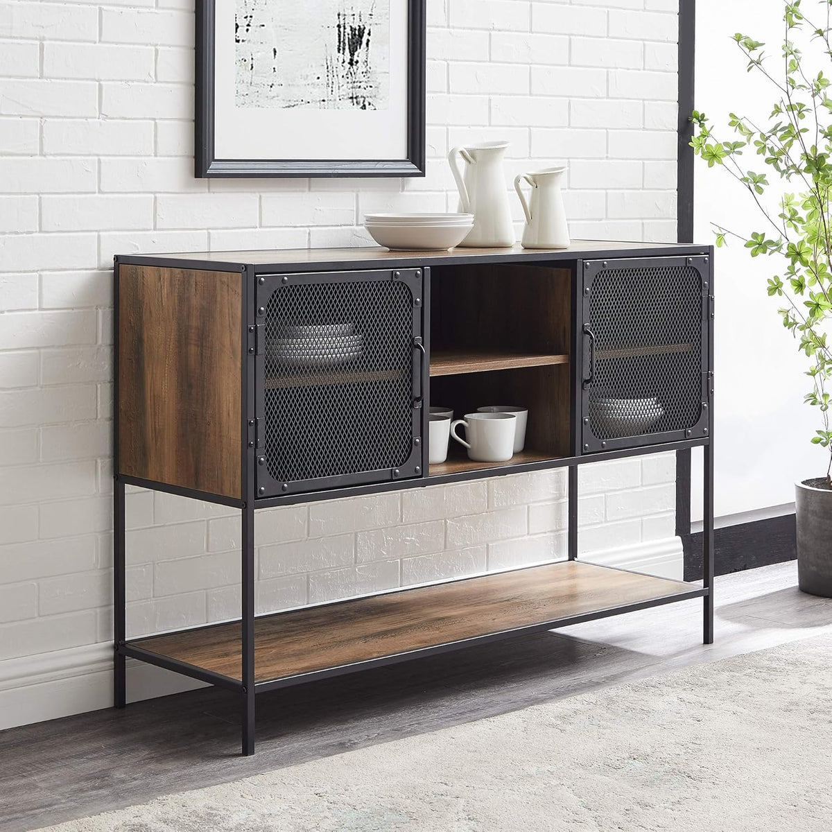 Rustic Oak Metal Mesh Double Door Rolling Bar Cabinet I8795