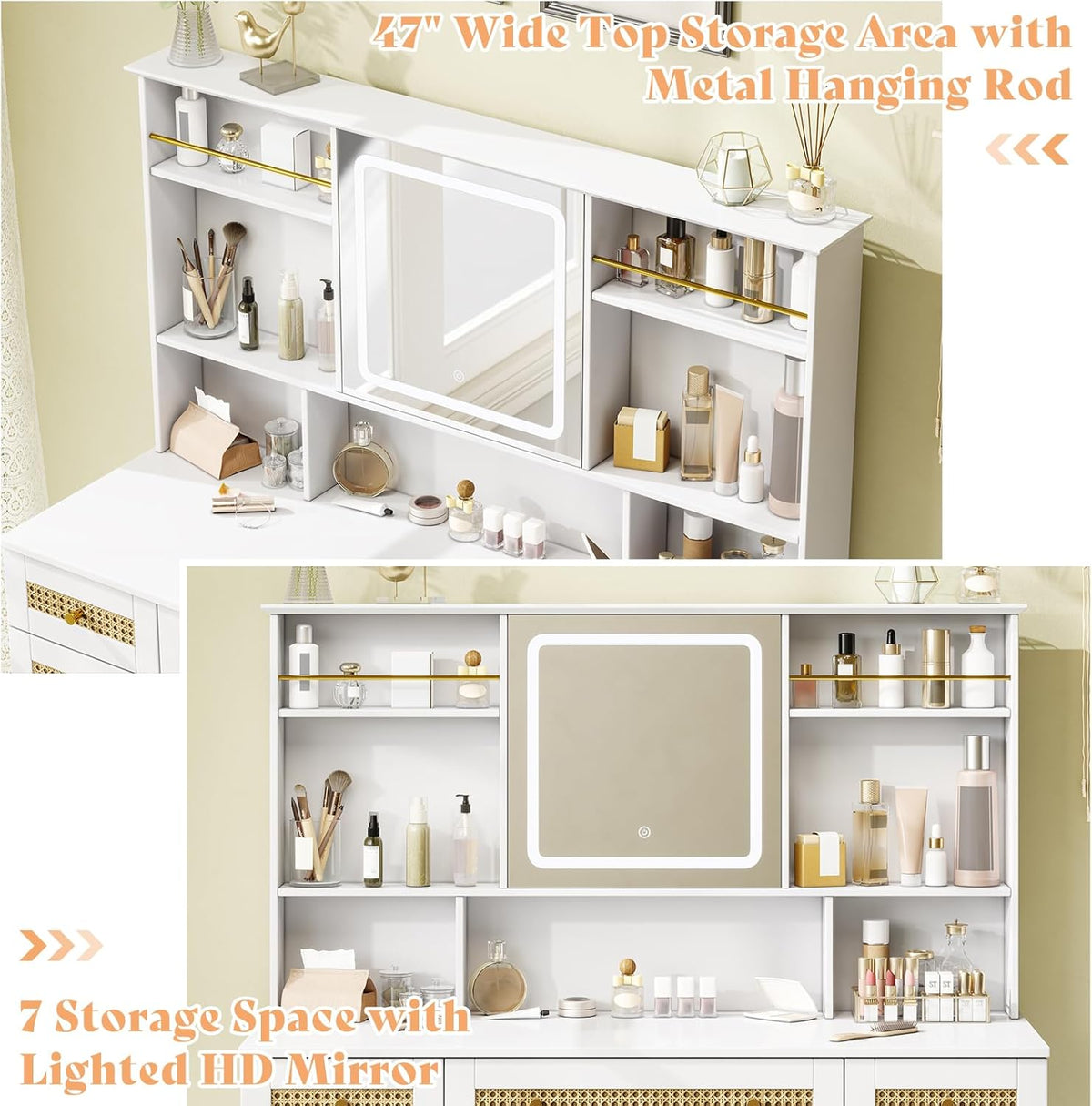 White Rattan Makeup Vanity Desk with Mirror and Lights and Stool P57968