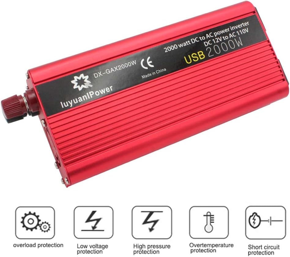 1200W DC to AC 12V to 110V Car Power Inverter with 3.1A USB and Battery Clips J919477