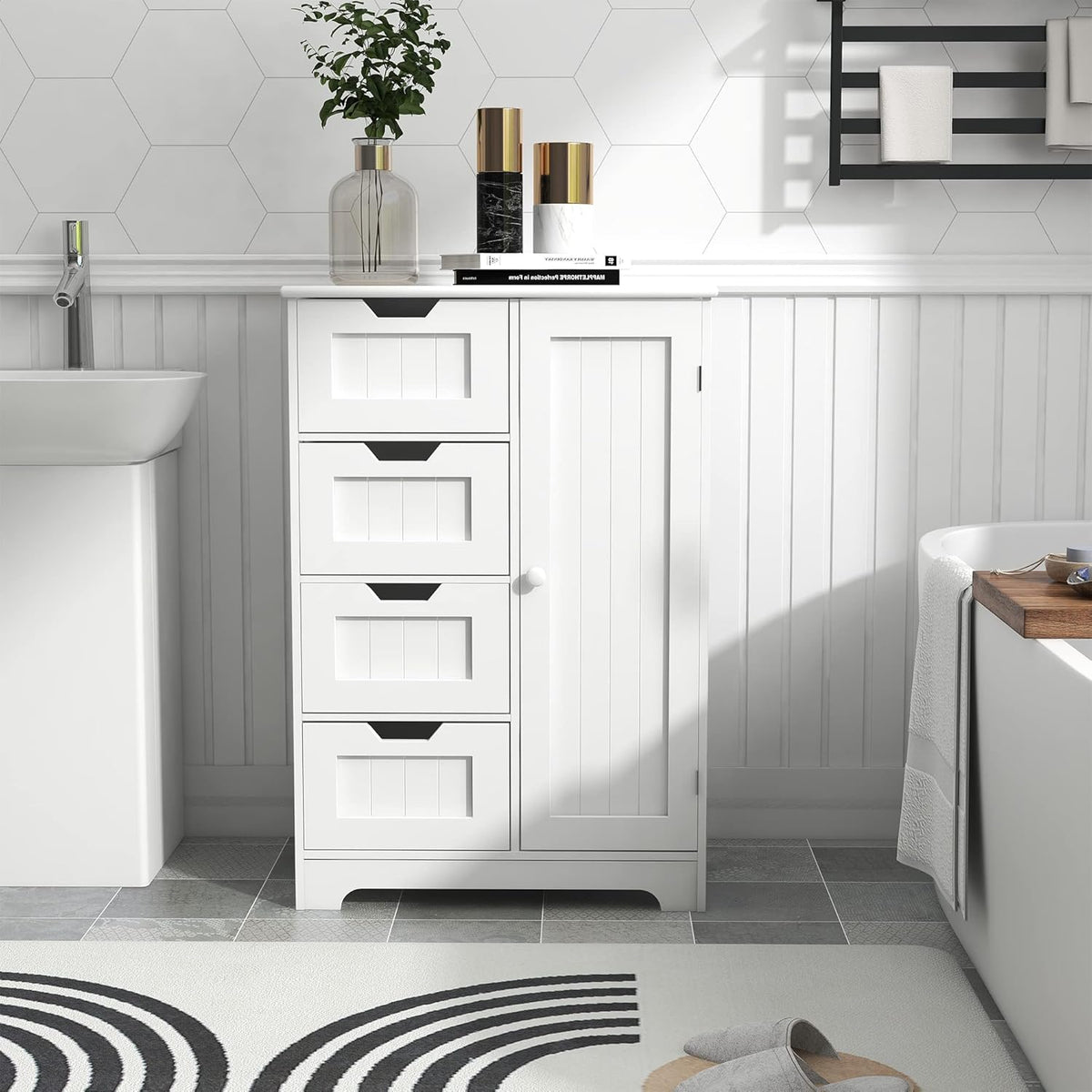 White Freestanding Bathroom Storage Cabinet with 4 Drawers and 1 Door M34542