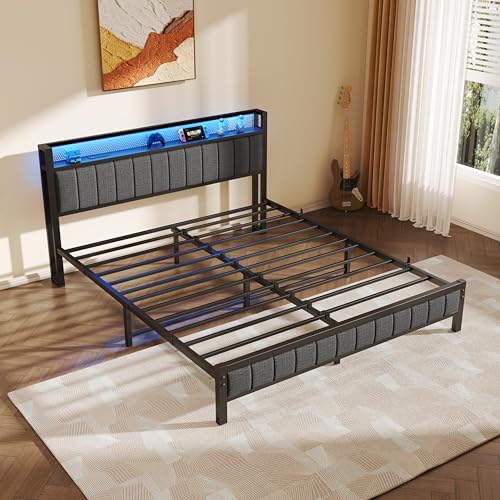 Gray Queen Size Metal Platform Bed Frame with Storage Headboard F4960