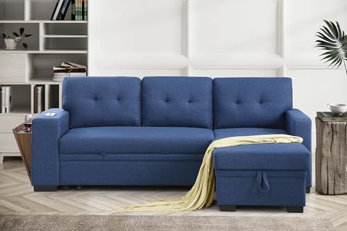 Blue Linen L Shaped Sectional Sofa with Pull Out Bed and Storage Chaise F39655