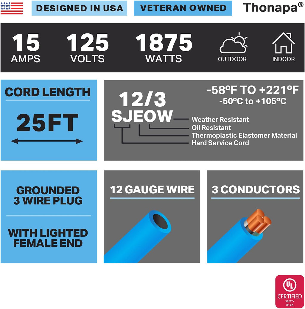 2 Pack 25 Ft All Weather Extension Cord with Lighted Outlet T203