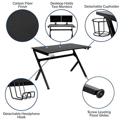 Red Gaming Desk and Blue Reclining Gaming Chair Set with Cup Holder and Headphone Hook D333869