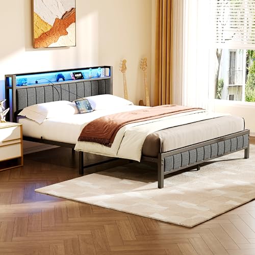 Gray Queen Size Metal Platform Bed Frame with Storage Headboard F4960