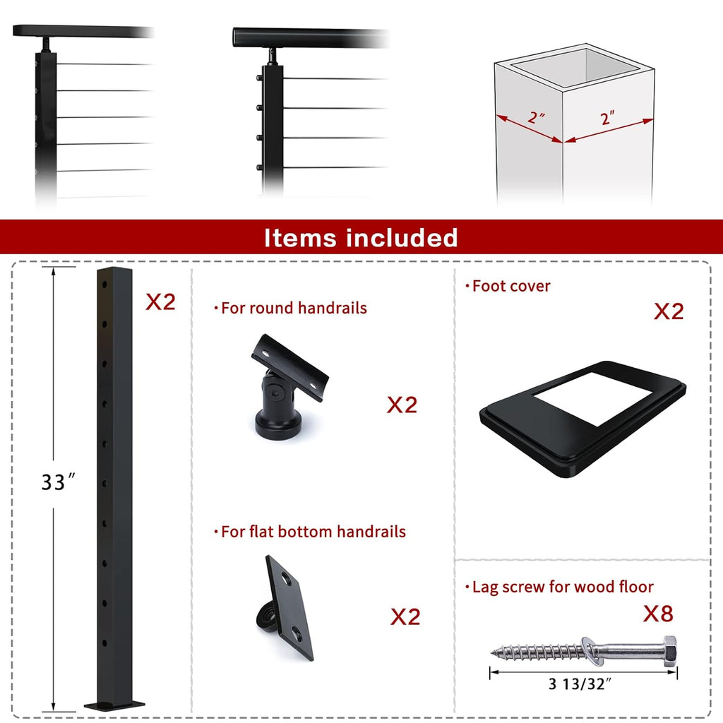 2 Pack 36x2x2 304 Stainless Steel Black Cable Railing Post G76160