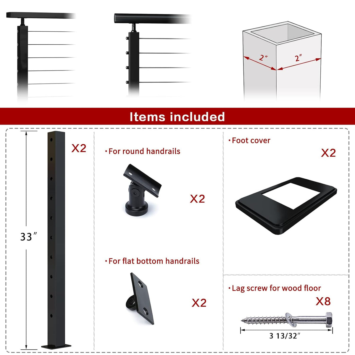 2 Pack 36x2x2 304 Stainless Steel Black Cable Railing Post G76160