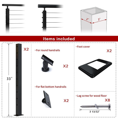 2 Pack 36x2x2 304 Stainless Steel Black Cable Railing Post G76160