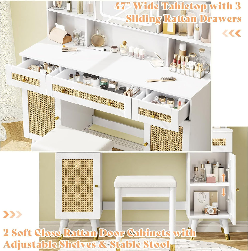 White Rattan Makeup Vanity Desk with Mirror and Lights and Stool P57968