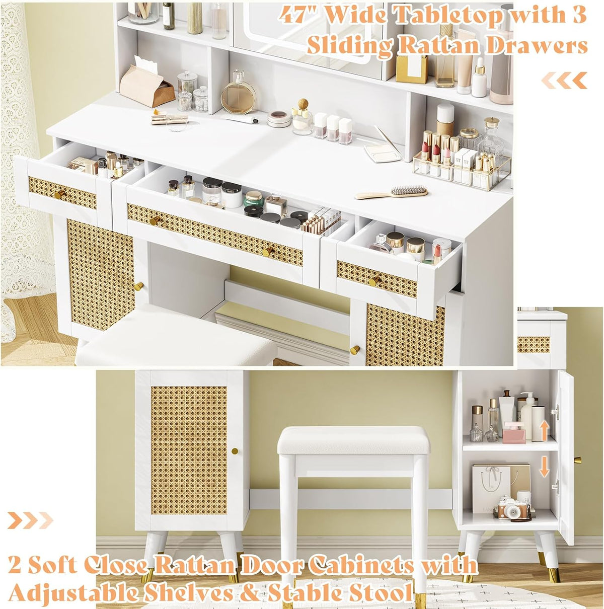 White Rattan Makeup Vanity Desk with Mirror and Lights and Stool P57968