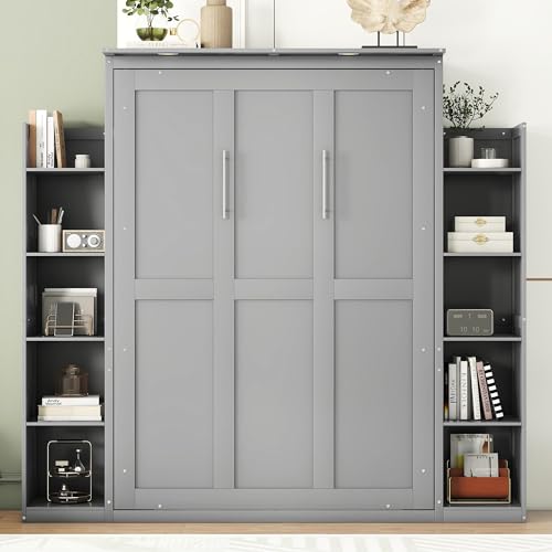 Queen Size Wood Murphy Bed with Shelves and LED Lights, Grey O3713