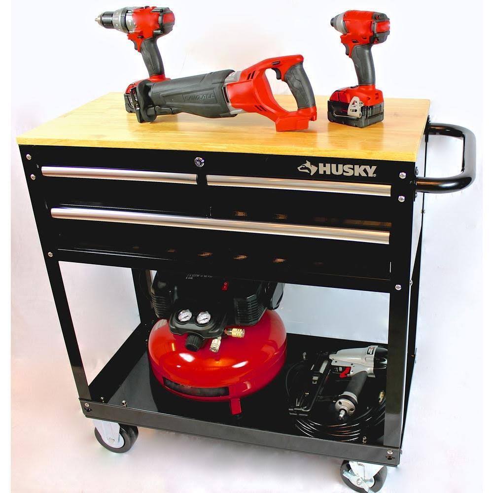 36 in. 3-Drawer Rolling Tool Cabinet Cart with Wood Top Black E241029