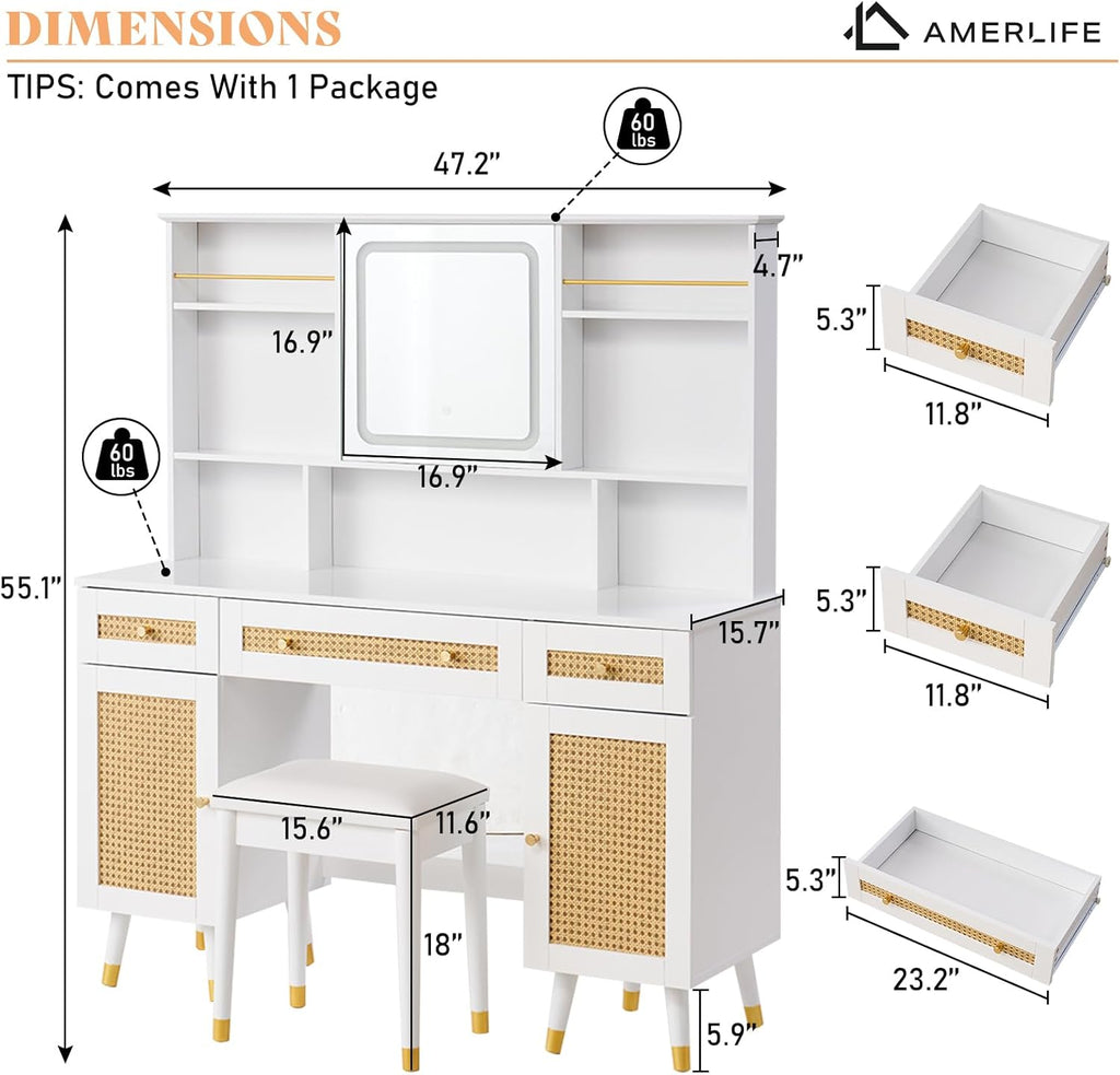 White Rattan Makeup Vanity Desk with Mirror and Lights and Stool P57968
