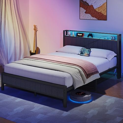 Gray Queen Size Metal Platform Bed Frame with Storage Headboard F4960