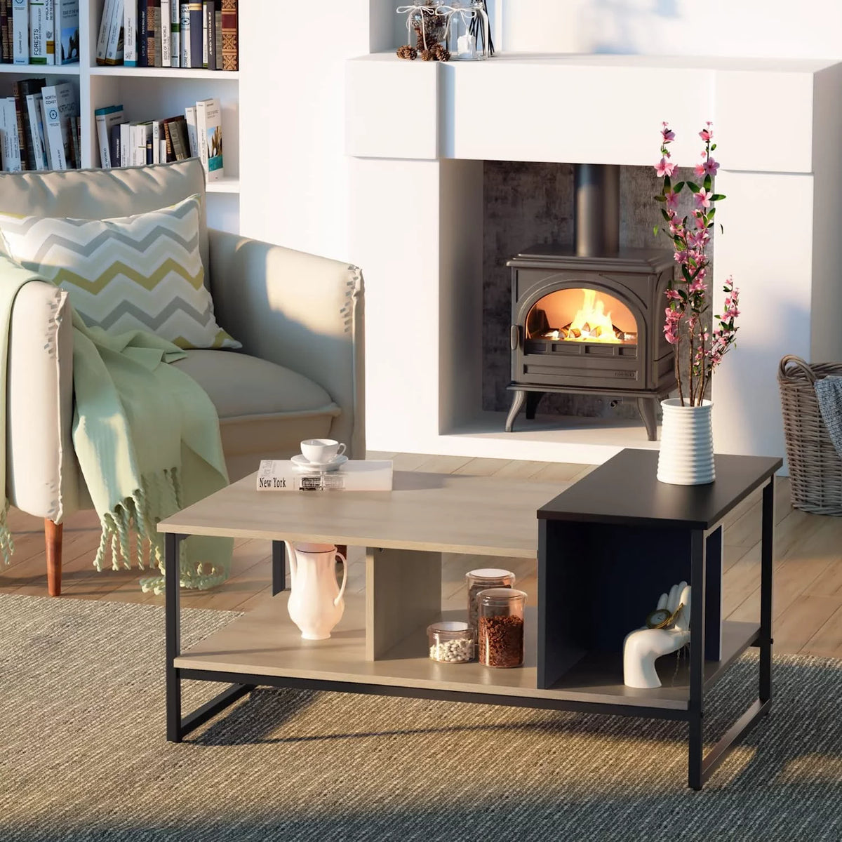 Lift Top Coffee Table with 2-Level Tabletop, Industrial Wood Coffee Table with Metal, 31.5" U3950