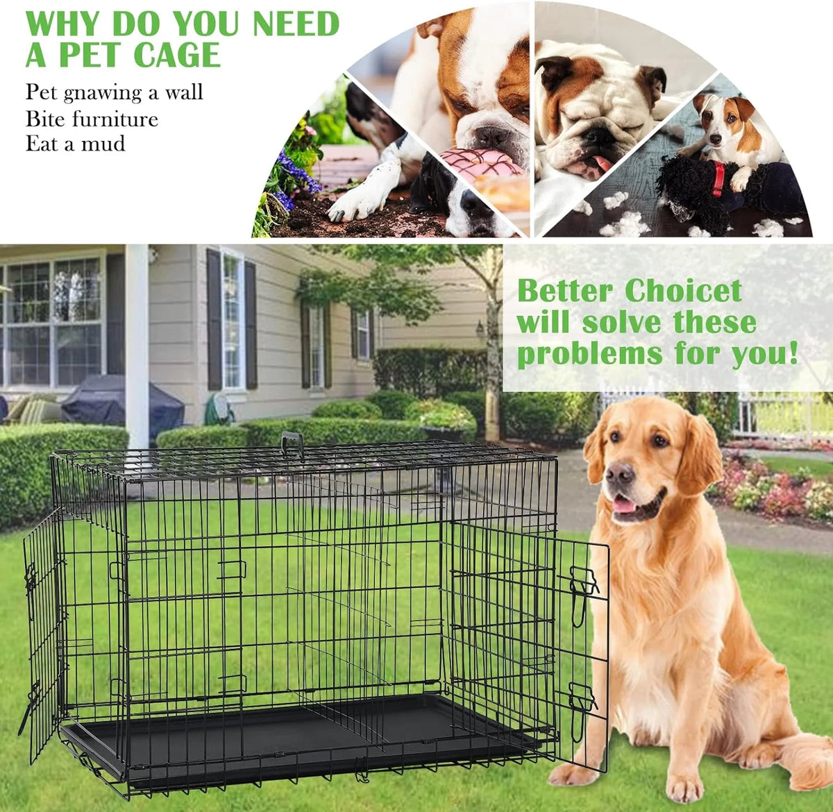 42 inch Double-Door Folding Metal Dog Crate with Plastic Tray C89384
