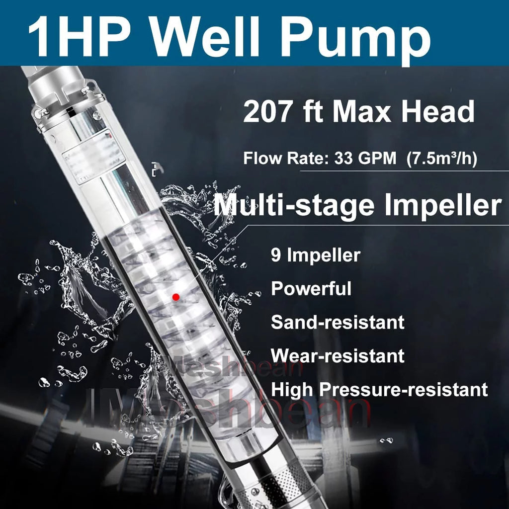 4" Deep Submersible Well Pump, 1 HP, 230V, Stainless Steel F27593