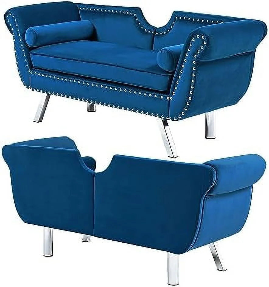 Velvet Ottoman Bench with Back and Silver Metal Legs B751