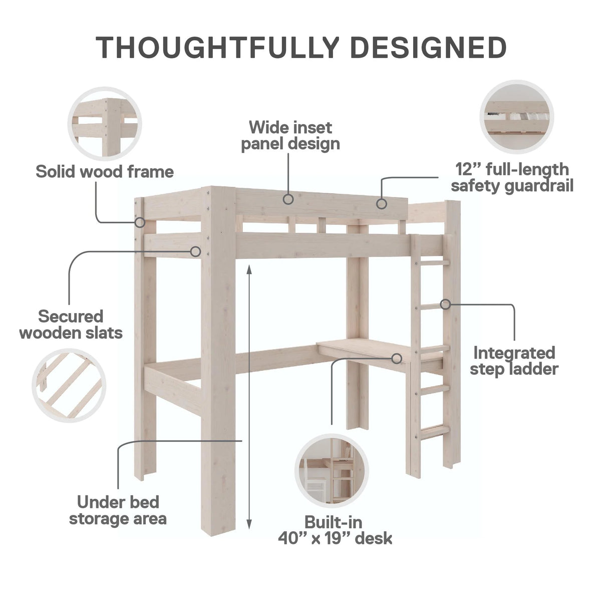 Twin Solid Wood Loft Bed with Desk R1161