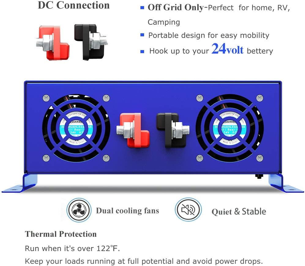 2000W Pure Sine Wave Power Inverter 24V DC to AC 120V with 15ft Remote Switch D8950