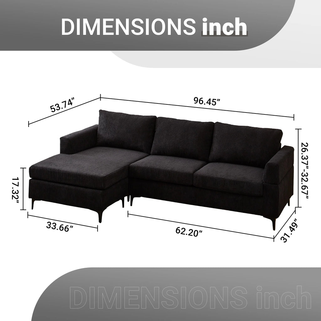 96" 3-Seat Sectional Sofa with Chaise Black I390