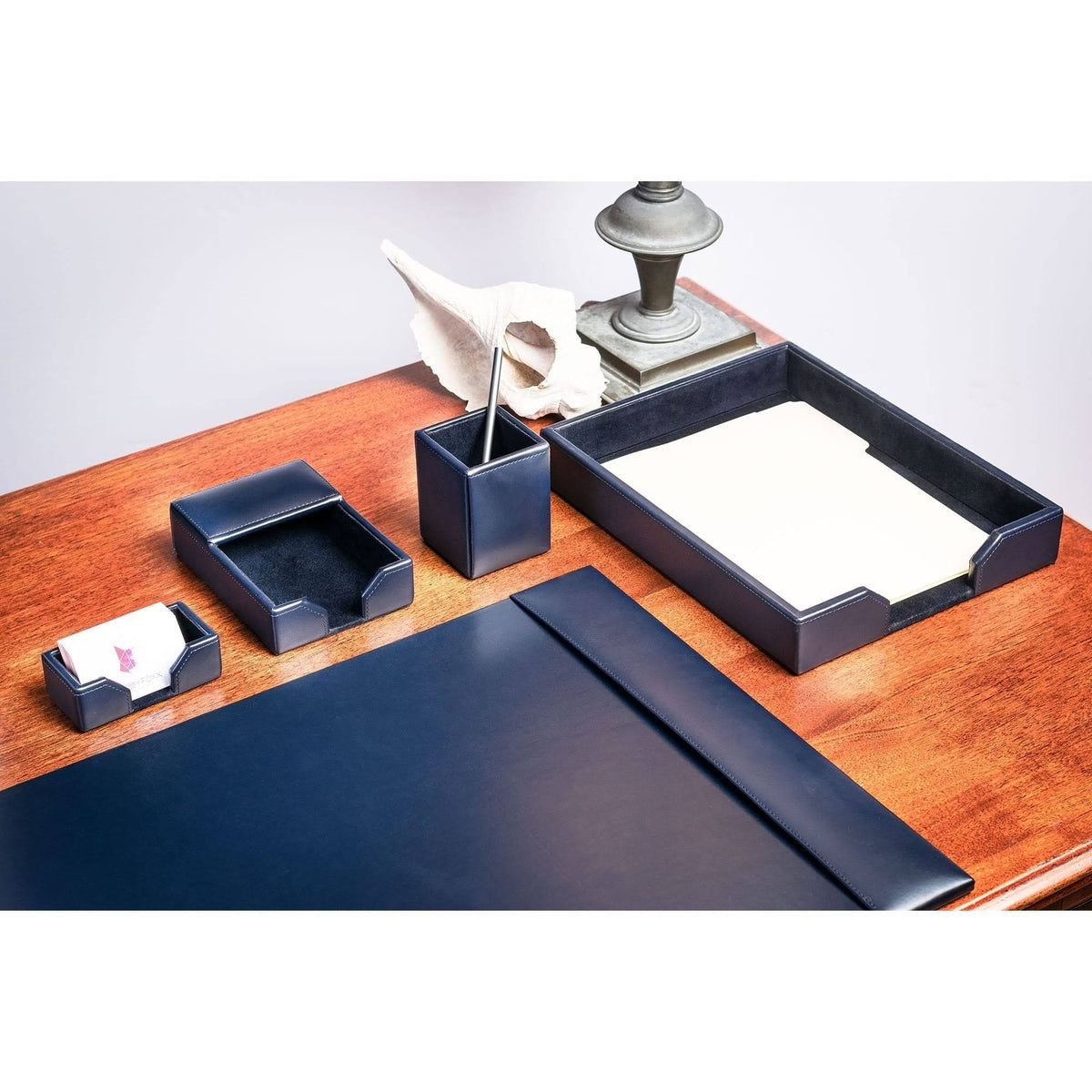 Navy Blue Bonded Leather 5-Piece Desk Set A656