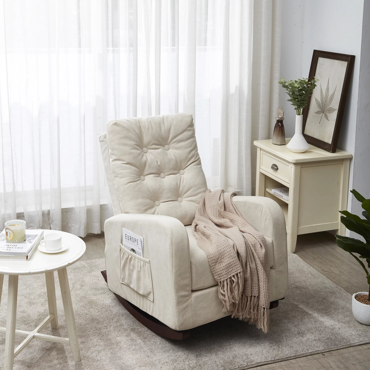 High Back Rocking Chair with Side Pocket Linen Fabric Y8217