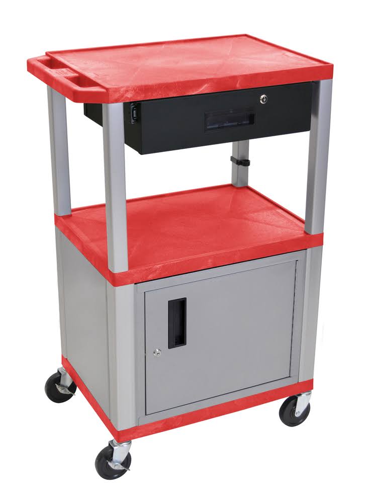 Red and Nickel Utility Cart with Cabinet and Drawer V571