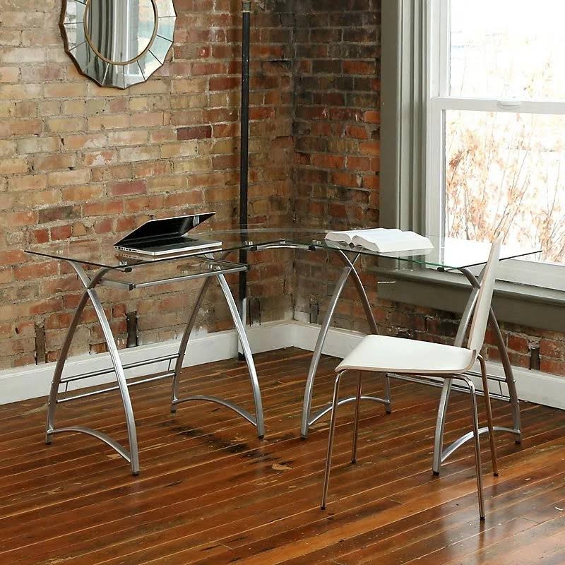 Silver / Clear Glass L-Shaped Metal Writing Desk O741