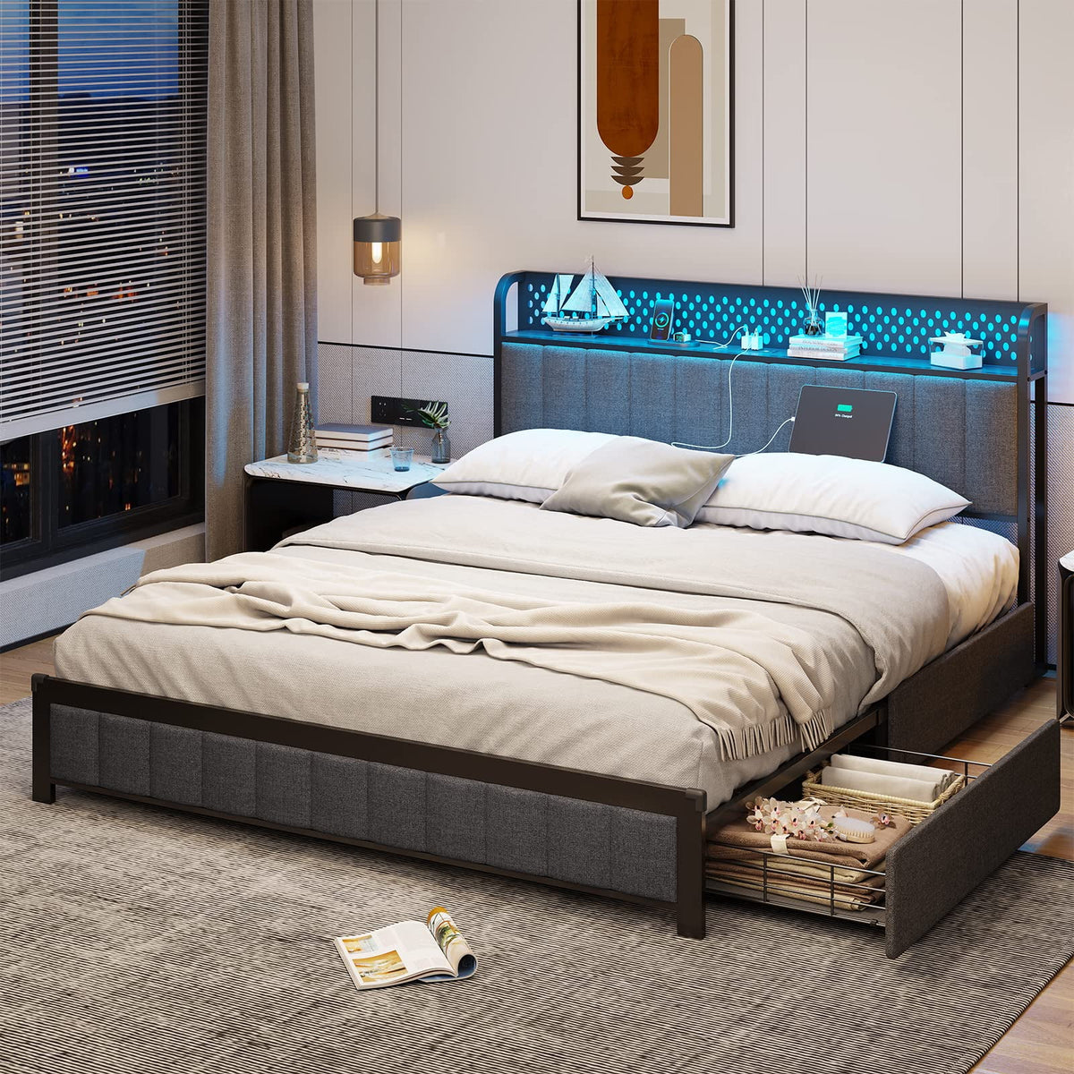 Queen Size Upholstered Platform Bed with LED Headboard and 4 Drawers D88498