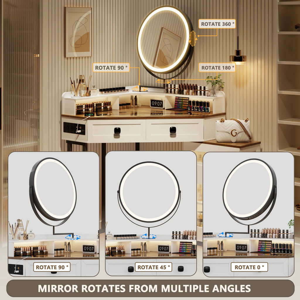Corner Vanity Desk with Mirror and Lights, Glass Top Makeup Vanity Set with Charging Station K12334