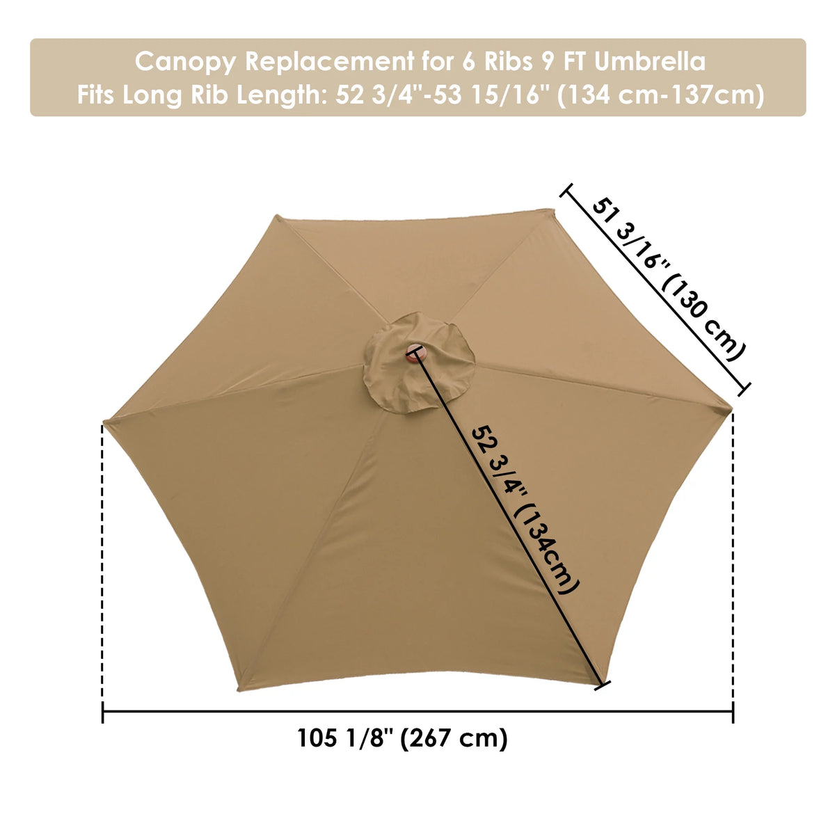 9' Patio Umbrella Replacement Canopy 6 Rib Tan Z249