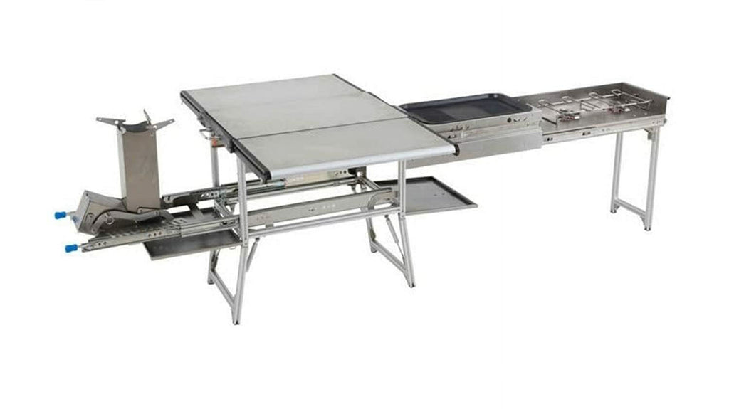 Stainless Steel Camp Kitchen with Dual Grill, Skillet, Folding Shelves, and Rocket Tower L875
