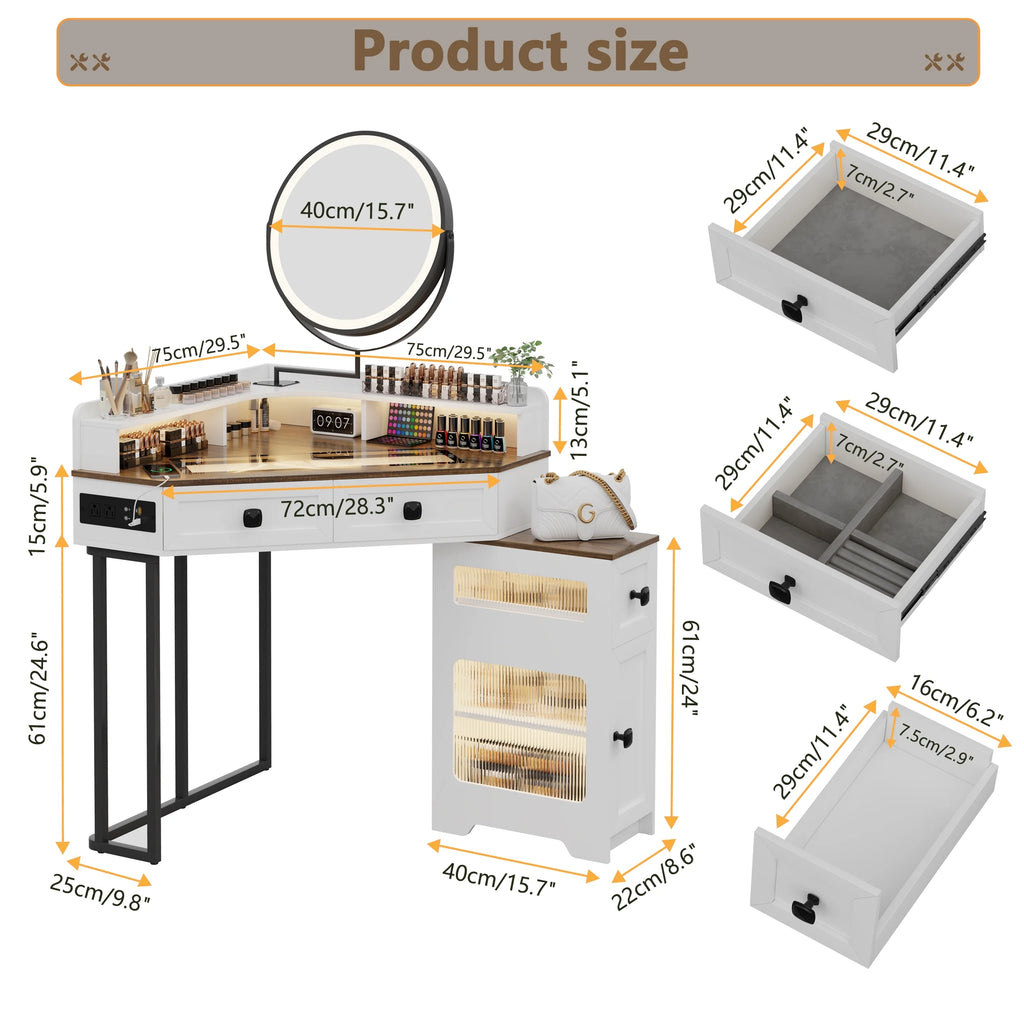 Corner Vanity Desk with Mirror and Lights, Glass Top Makeup Vanity Set with Charging Station K12334