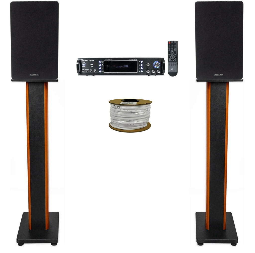 Black Bookshelf Speakers with Wood Stands and Speaker Wire S13948