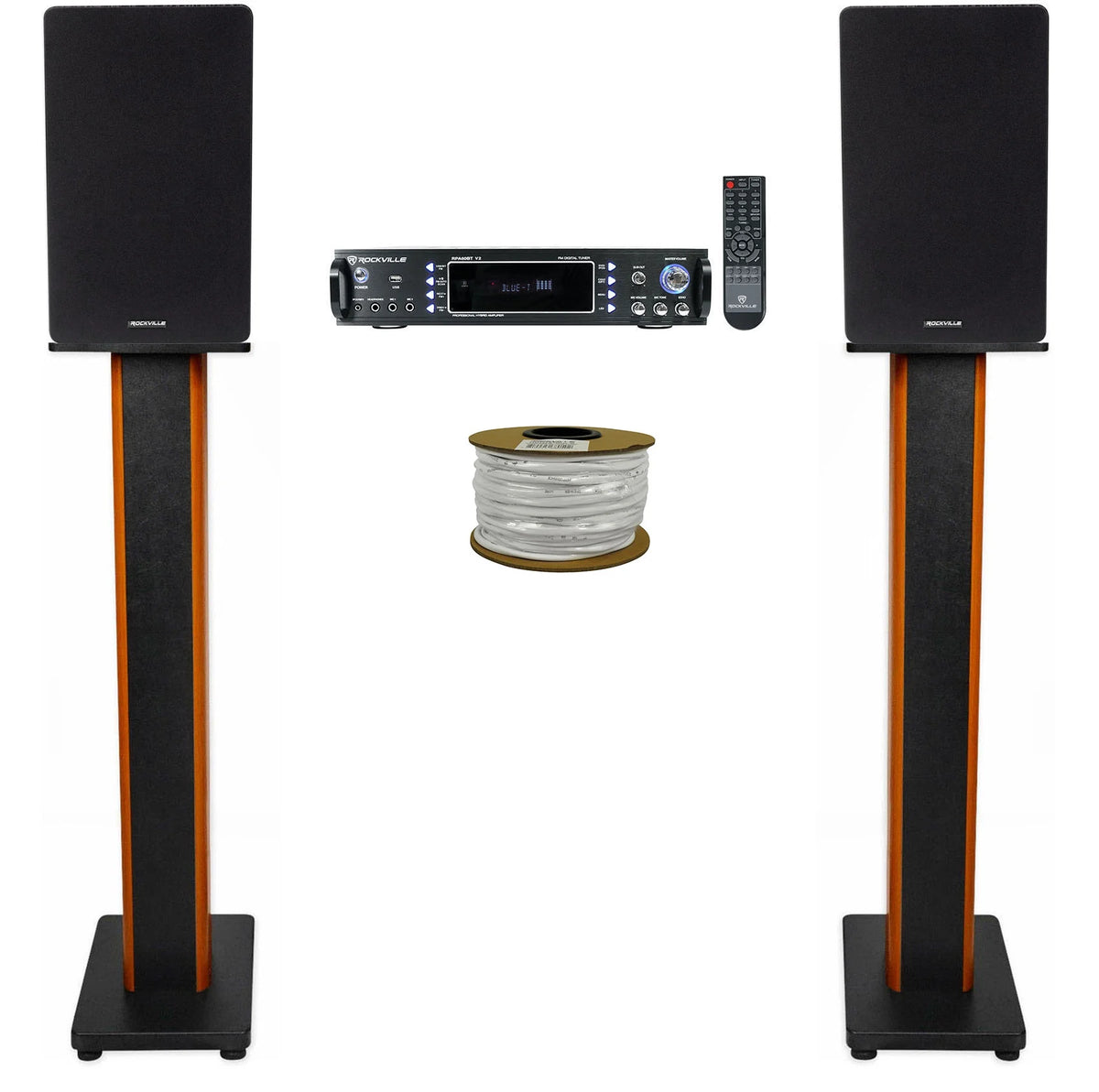 Black Bookshelf Speakers with Wood Stands and Speaker Wire S13948