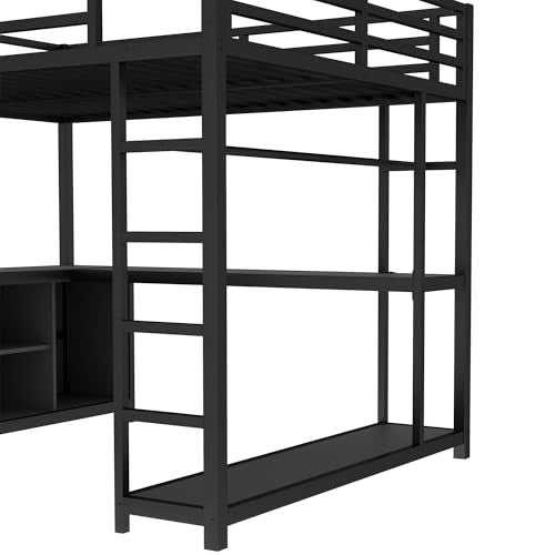 Queen Metal Loft Bed with Wardrobe, Desk and Shelves X3589