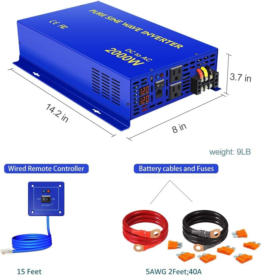 2000W Pure Sine Wave Power Inverter 24V DC to AC 120V with 15ft Remote Switch D8950