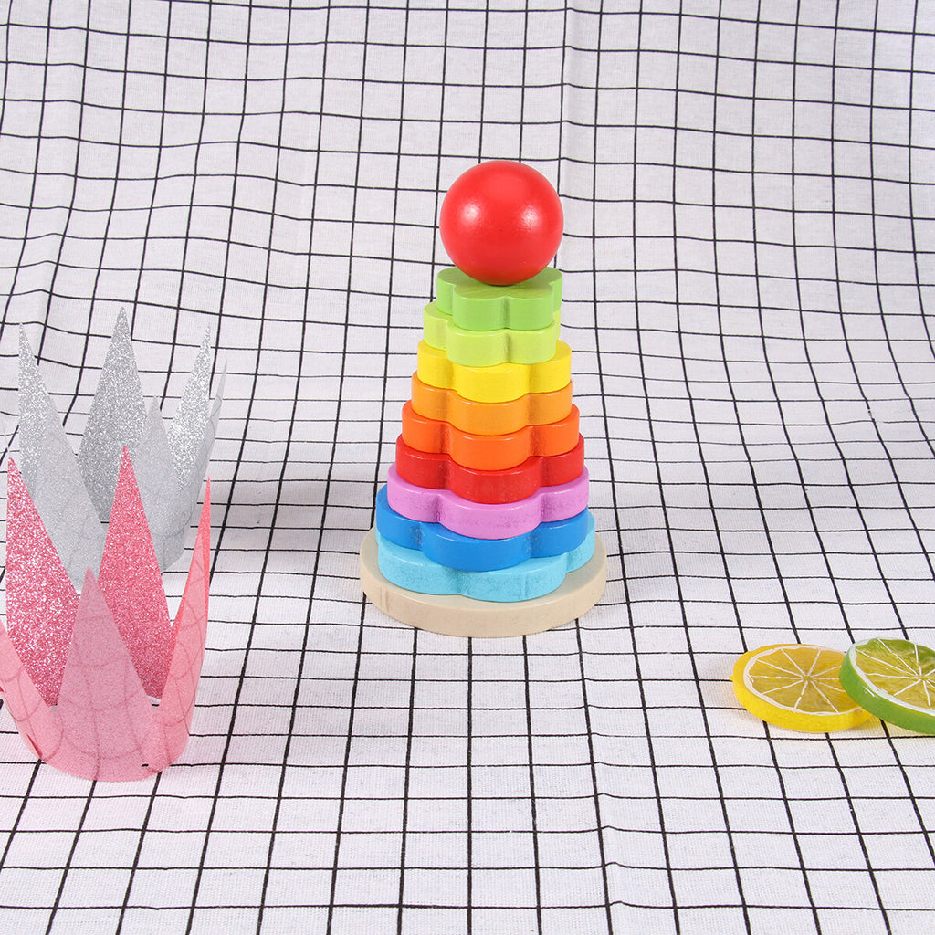 Rainbow Stacking Game Toy Circle Building Blocks Tower Educational Wooden Toy E5064