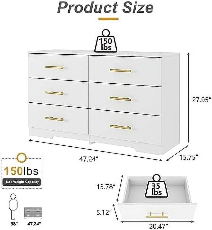 White 6 Drawer Wood Dresser with LED Light H24103