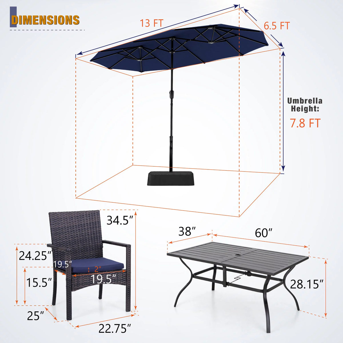 8-Piece Outdoor Patio Set with 13 ft Navy Umbrella E672030