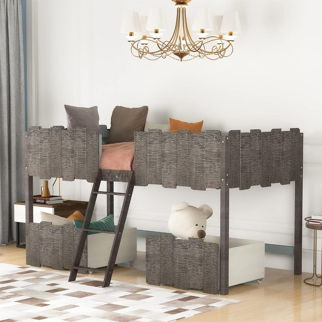 Twin Size Espresso Loft Bed with Desk and Storage Cabinet I670