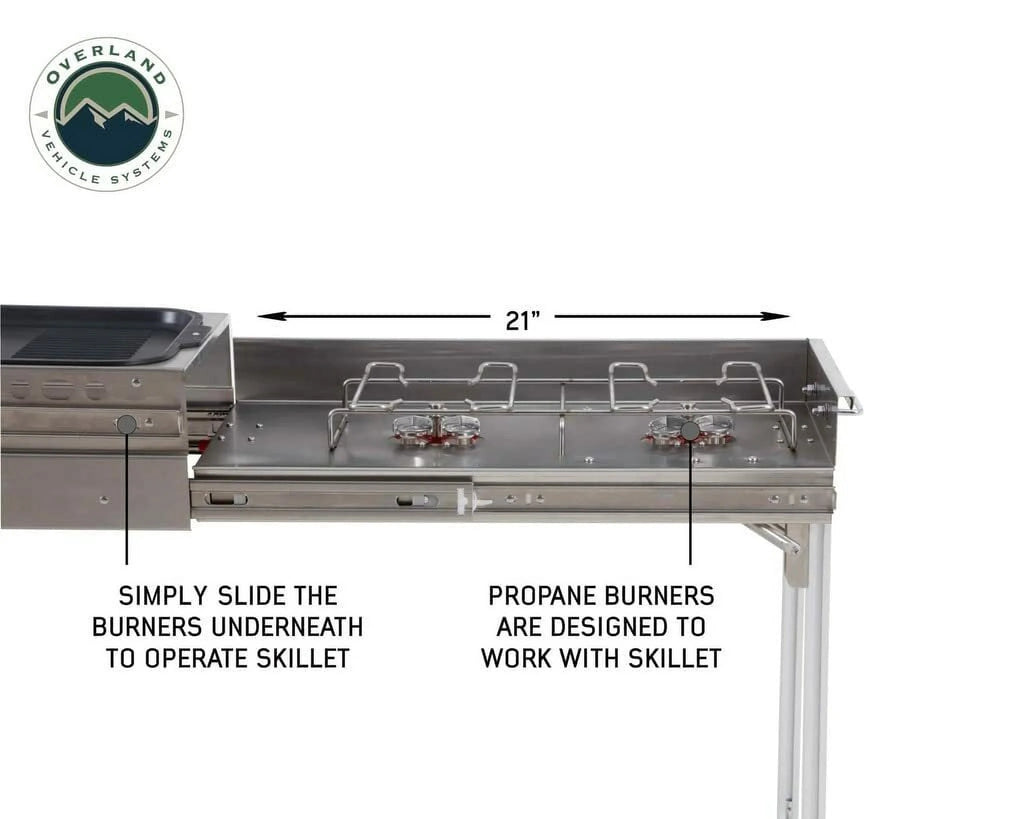Stainless Steel Camp Kitchen with Dual Grill, Skillet, Folding Shelves, and Rocket Tower L875