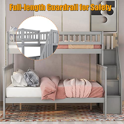 Twin Over Full Size Wood Bunk Bed with Trundle and Stairway N84148
