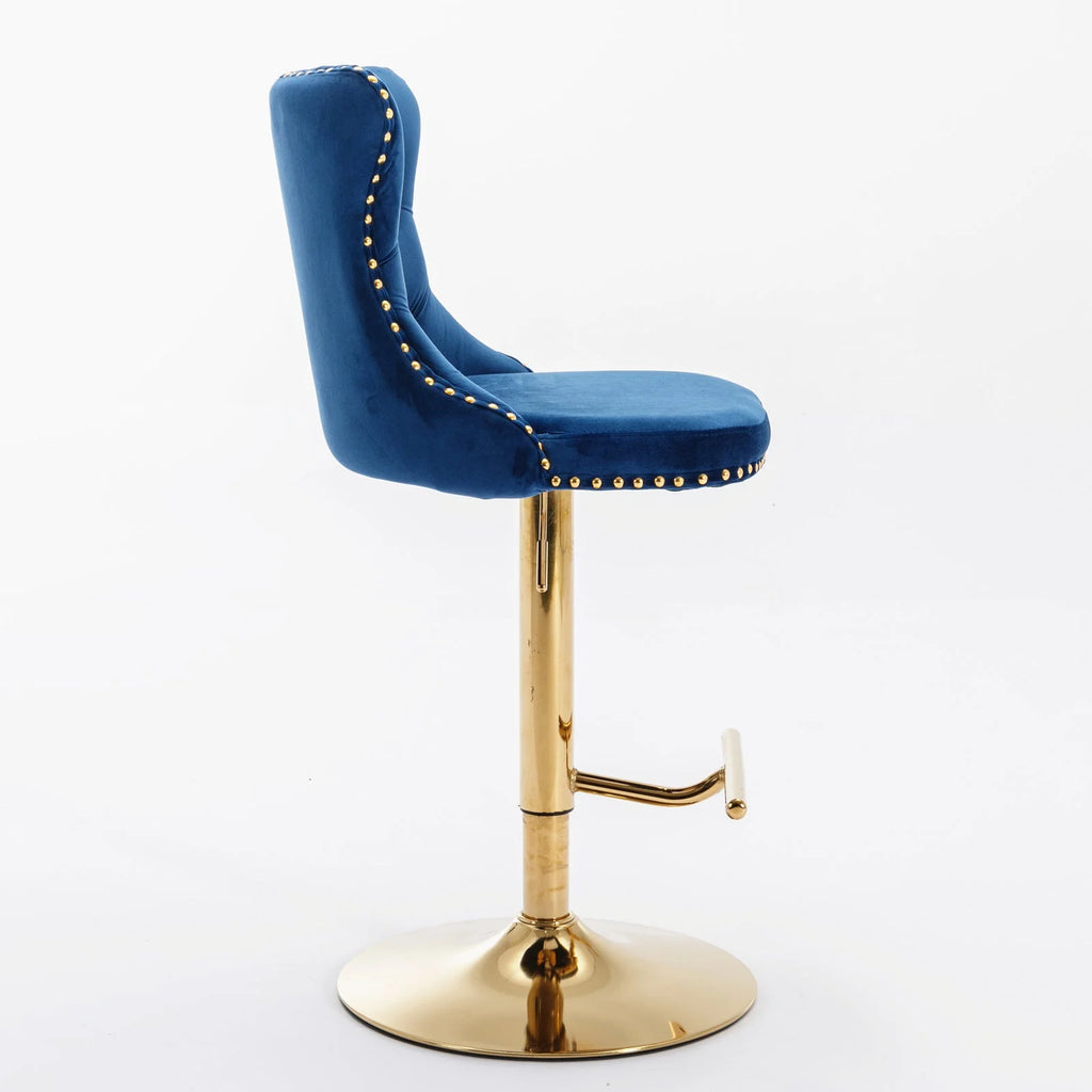 Golden Swivel Velvet Barstools Adjustable Height Blue Set of 2 L7915