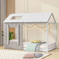 Wood Twin House Platform Bed with Roof and Window, Gray E454509