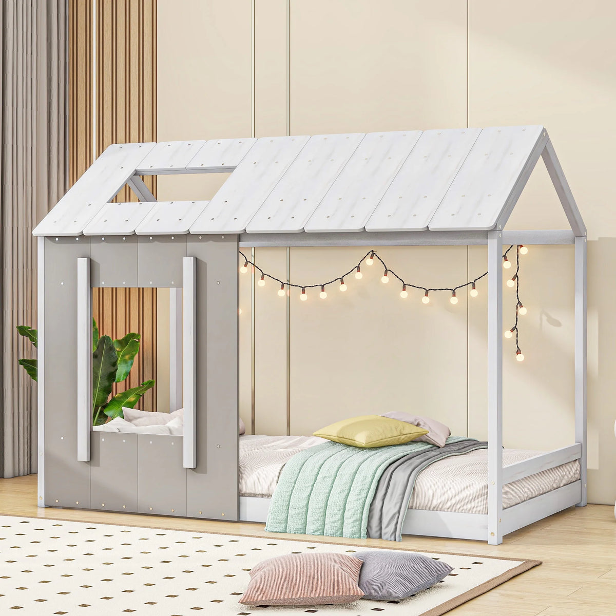 Wood Twin House Platform Bed with Roof and Window, Gray E454509