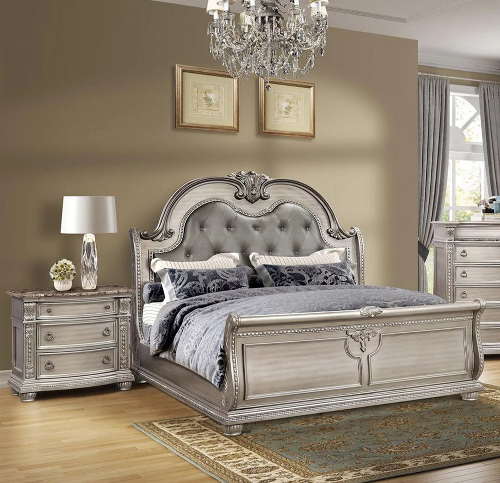 Antique Platinum Button Tufted Sleigh Queen Bed D7138